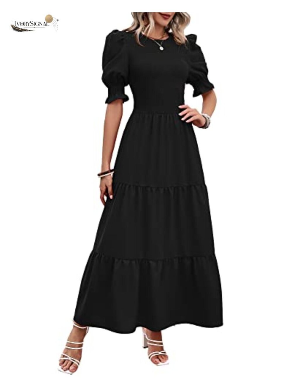 BTFBM Women Boho Tiered Maxi Dress Smocked Puff Sleeve Casual Summer
